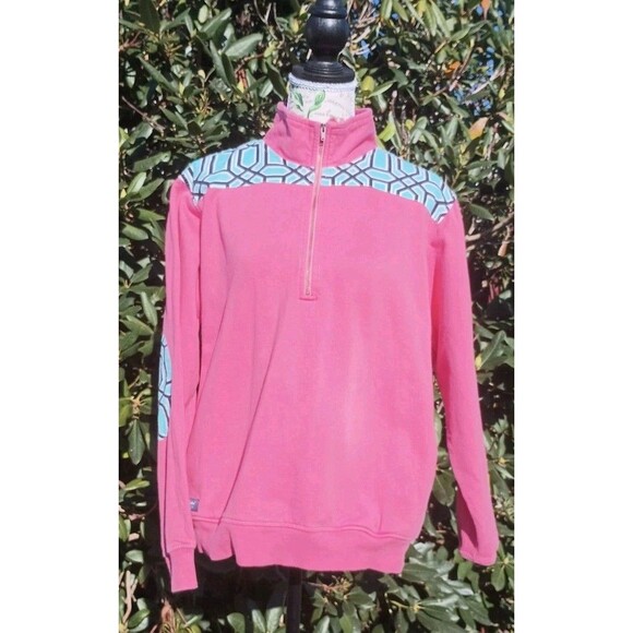 Simply Southern Pink Med Embroidered 1/4 Zip Sweatshirt Women Spellout Elbow Pat - Picture 1 of 9